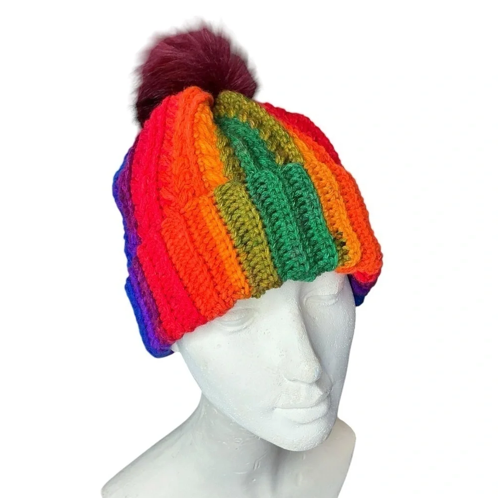 Handcrafted Crochet Multicolor Winter Hat Snowy Wheat Knit Beanie with Pom Pom